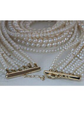 14K Gold Multi (10) Strand Cultured Pearl Runway Necklace 18" - 26" Grad 180g